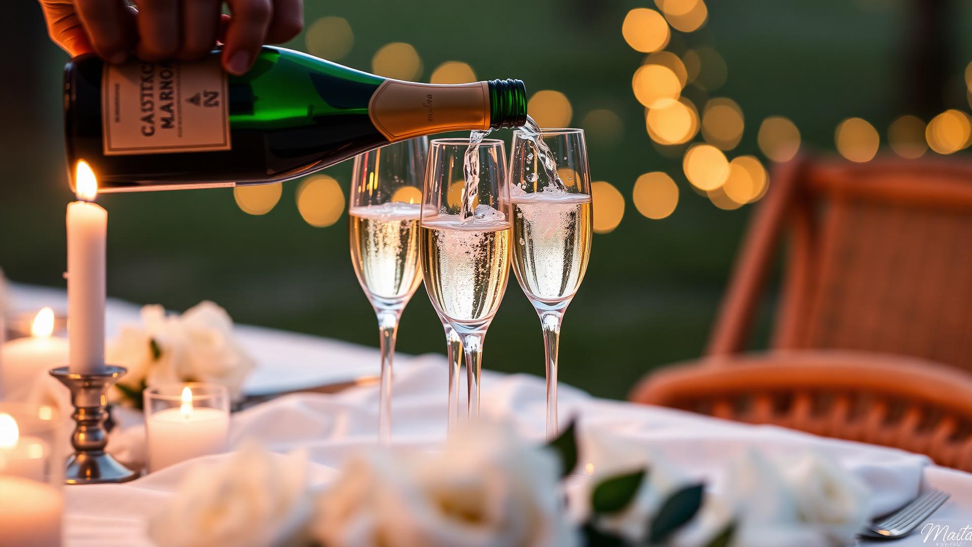 Champagne poured into crystal flutes at a candlelit luxury picnic