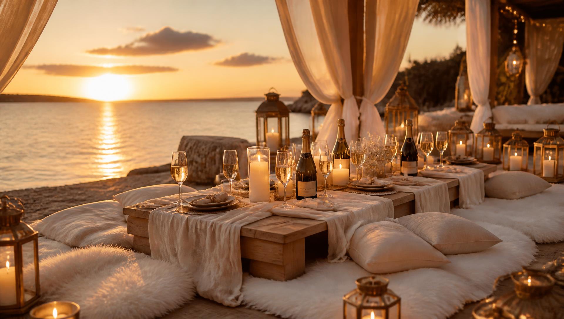 Luxury waterfront picnic setup glowing with candles at golden hour